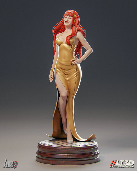 Full-figure front view of Mary Jane Watson 1:4 scale collectible figure wearing a gold dress with a thigh-high slit, smiling confidently, inspired by Marvel Comics’ Hellfire Gala.