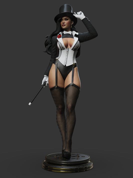 Front view of Zatanna 1:4 scale collectible figure from DC Comics, posed with a magic wand, wearing her tuxedo corset, top hat, and fishnet stockings on a circular display base.