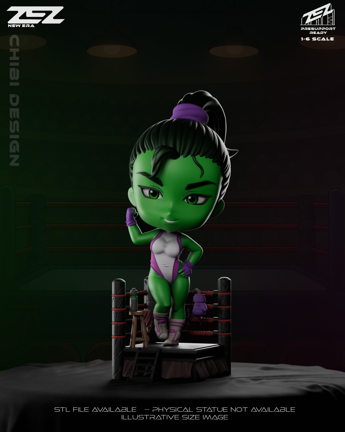 Front view of Chibi She-Hulk standing in a boxing ring with one hand on her hip and the other raised in a flexing pose, wearing a purple and white bodysuit.