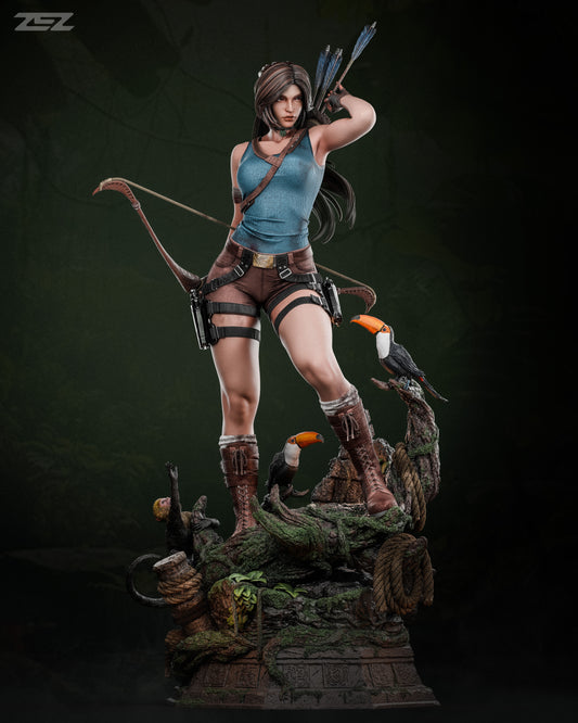 Full front view of Lara Croft standing on jungle temple base, holding bow and arrow, with detailed terrain beneath her and tropical birds and monkeys perched around the overgrown ruins.
