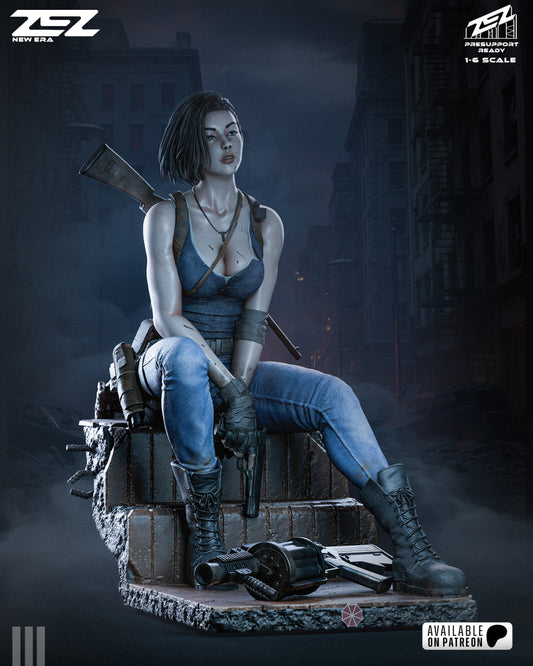 Jill Valentine 1:6 scale figure final render sitting on rubble base holding handgun with rifle on back Resident Evil collectible statue
