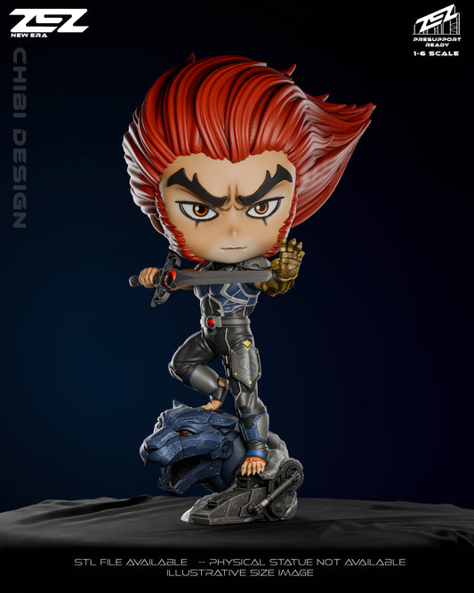 Chibi Lion-O figure in full heroic pose with raised sword, armor detailing, lion-themed base, and stylized chibi proportions.