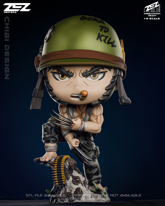 Front view of Chibi Wolverine Marvel Comics X-Men figure with claws extended, wearing helmet and camo pants collectible