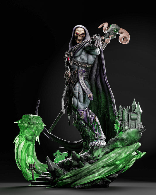 Front view of Skeletor pointing forward, green energy serpent coiling at his side.