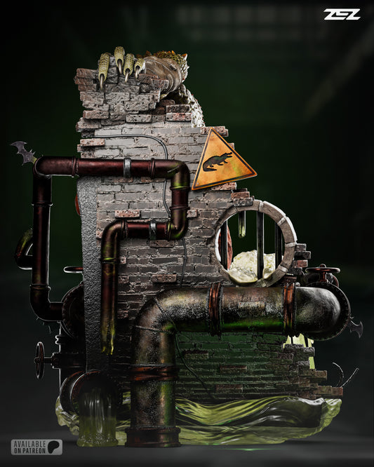 A sewer-themed statue base featuring pipes, broken brick walls, toxic sludge, and Gotham’s underworld grime.
