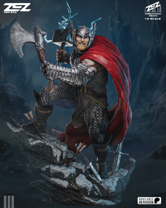 Thor God of Thunder 1:6 scale figure wielding Mjolnir with lightning effects, armored Asgardian warrior standing on shattered rock base