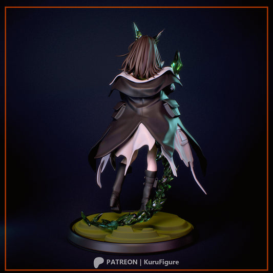 mon3tr arknights statue back view 1-7 scale figure long flowing hair layered coat creature tail wrapped around base standing pose