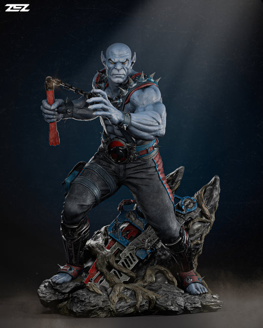 A powerful Panthro figure in an action-ready stance, gripping his chained nunchaku, detailed with armor spikes and intricate textures.