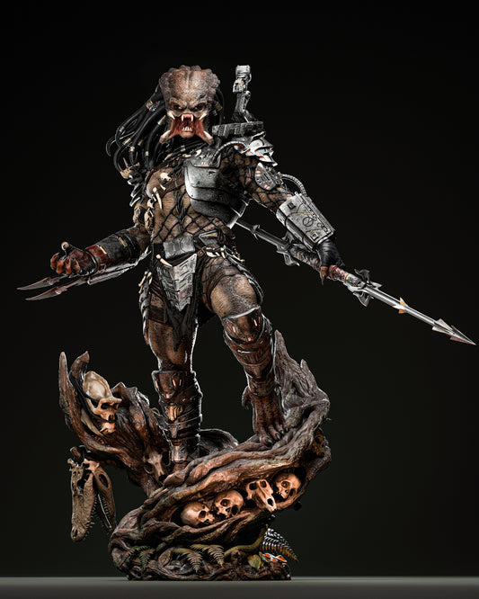 Full-body render of The Predator figure unmasked, standing on a base covered in skulls and gnarled wood, holding a spear in one hand and wrist blades extended.