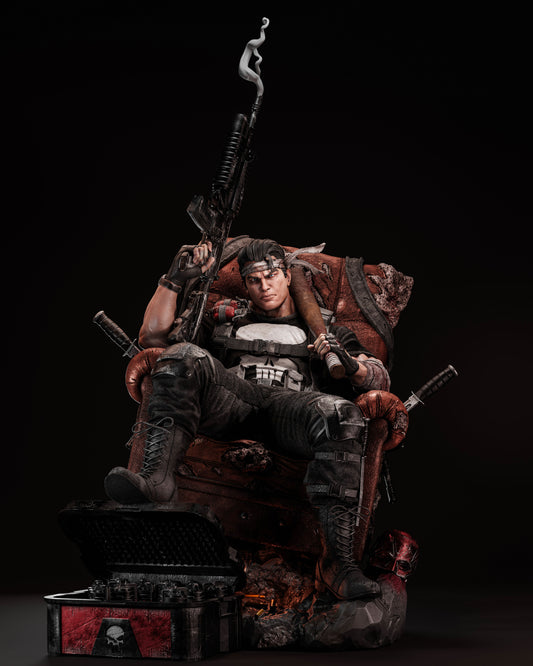 Punisher Marvel Comics 1:6 scale statue, full figure seated on battle-damaged armchair with rifles, grenades, and tactical gear.