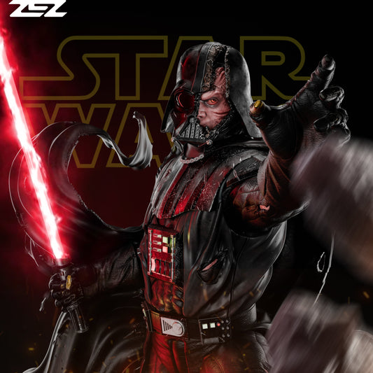Close-up of Darth Vader with cracked helmet, reaching forward with a clenched glove, red saber glowing in a battle pose.