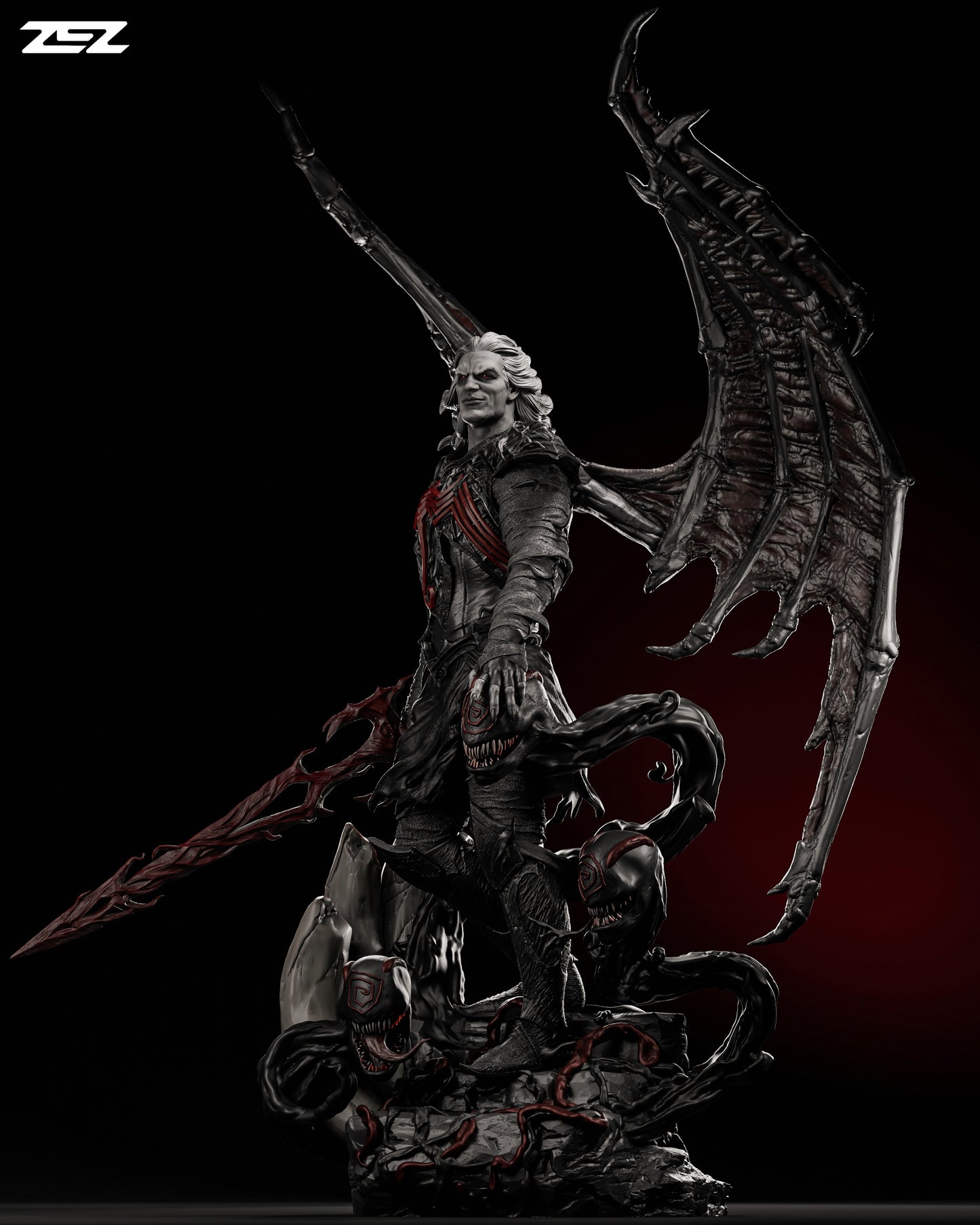 Knull figure with massive wings, standing atop the symbiote base, holding the Necrosword.