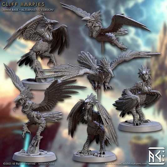 Group of six female Cliff Harpy miniatures in various poses including perched, mid-flight, and wings spread wide. Models feature bare heads and feathered limbs on 30mm bases, ideal for fantasy TTRPG games.