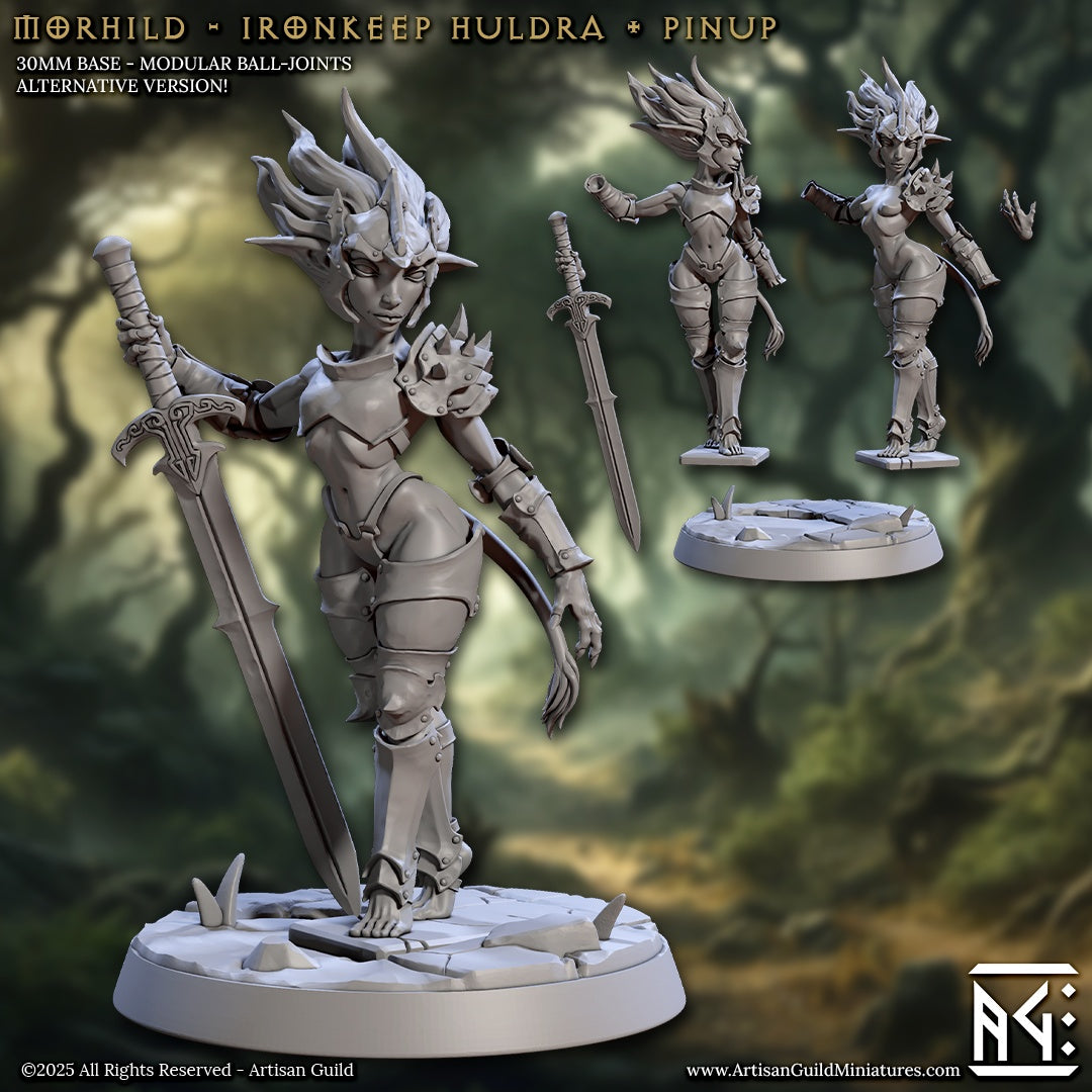 Morhild Ironkeep Huldra female troll warrior miniature standing on cracked stone base holding greatsword with spiked armor – fantasy model for D&D and Warhammer.