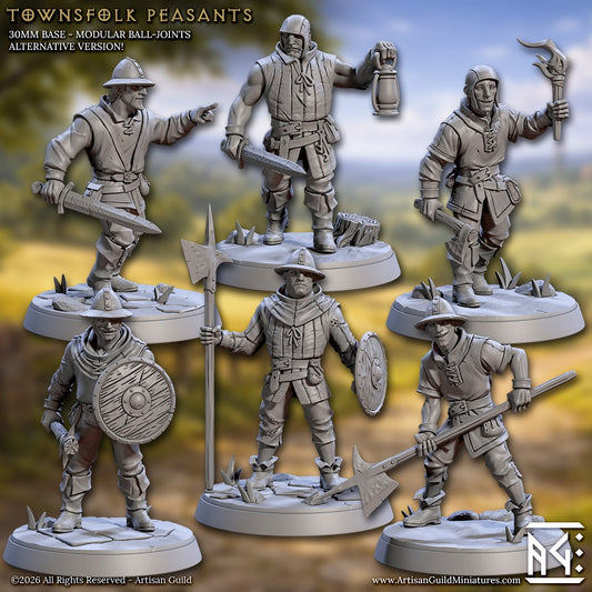 male townsfolk peasant npc miniatures with farming tools and improvised weapons, village defenders posed for tense fantasy roleplaying scenarios