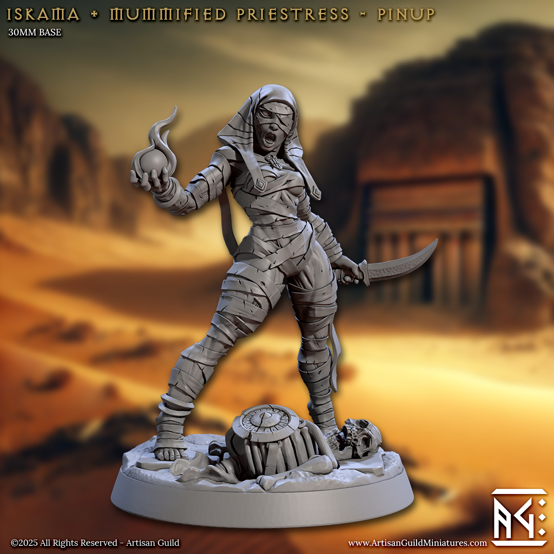 Mummified female priestess pin-up miniature posed mid-cast with a curved blade and flaming artifact, wrapped in ancient bandages and standing on a base with temple ruins and skulls, ideal for fantasy TTRPGs.