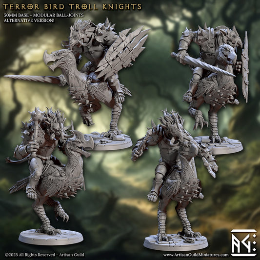 Terror Bird A miniature featuring a large armored bird with hooked beak and troll knight rider wielding mace – fantasy creature mount.