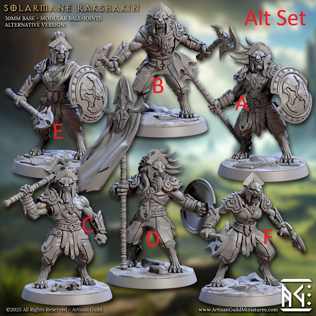 Rakshakin Warriors alternate pose group image showing varied beastfolk infantry loadouts with spears, axes, shields, and heavy blades, modular fantasy warriors designed for aggressive warband customization