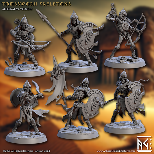 Group of armored Tombsworn Skeletons with helmets and shields, posed with swords, bows, and spears on decorative stone bases.