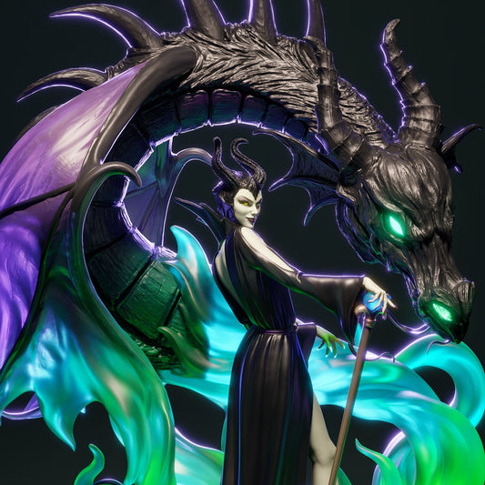 Close-up of Maleficent's upper body and dragon head, detailed sculpted textures on the horns, scales, and staff, with vibrant lighting effects.