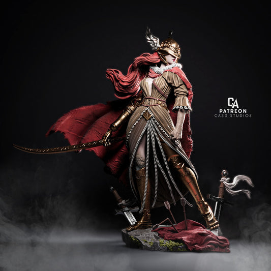 Full-figure view of Malenia, the Blade of Miquella, standing poised with her katana, wearing ornate armor and a flowing cape.