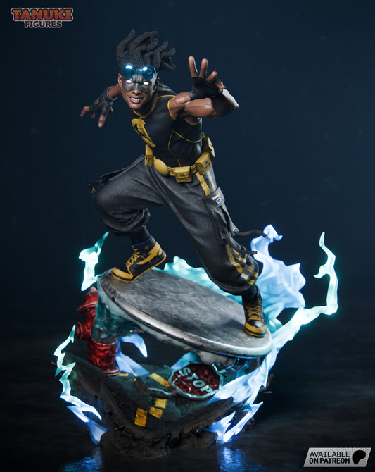 The superhero is captured mid-motion, arms outstretched as he rides an electrified platform, his yellow and black outfit accentuated by flowing energy effects.