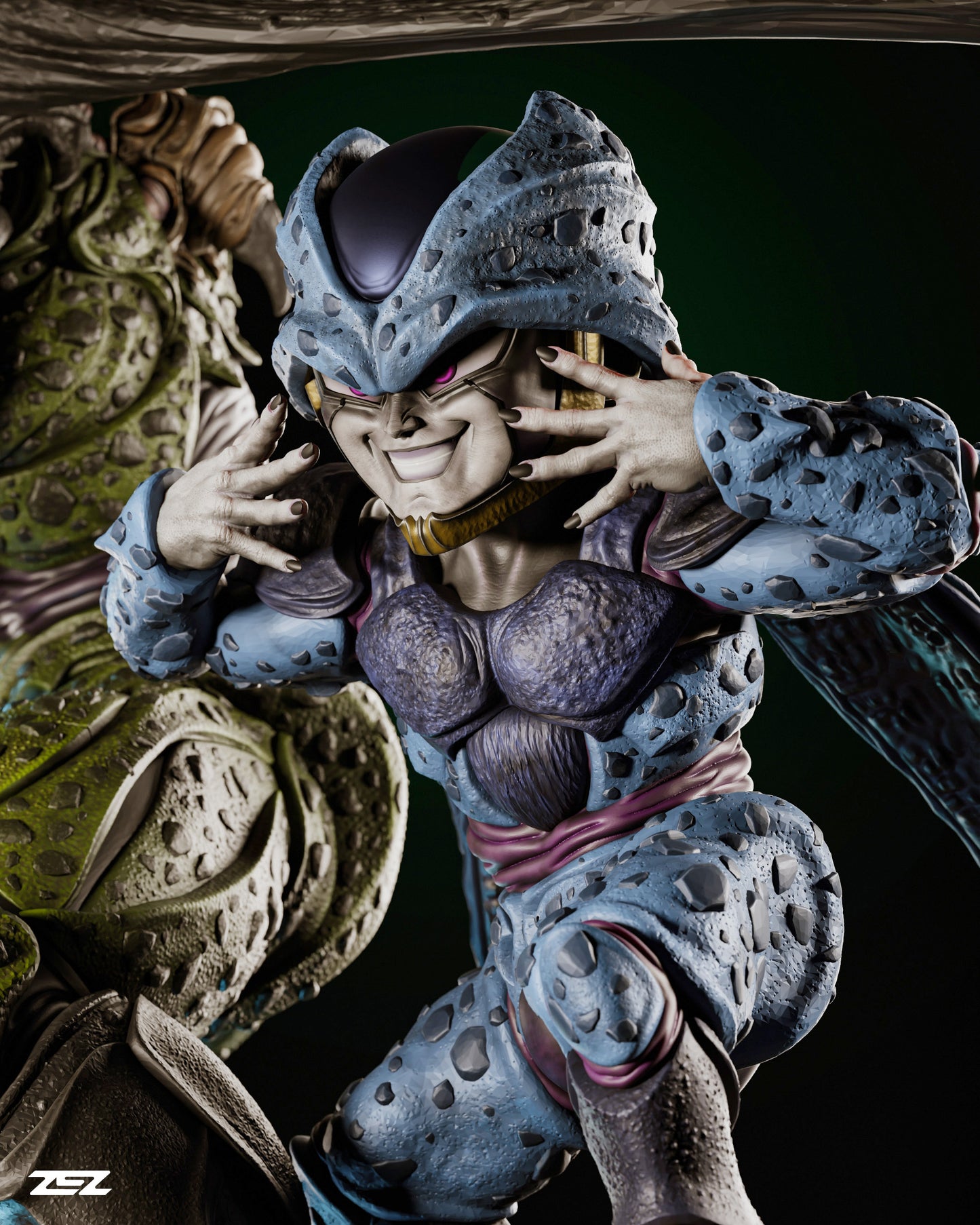 Detailed close-up of Cell’s minion's menacing face, showcasing his horned crest, sharp teeth, and intense expression.