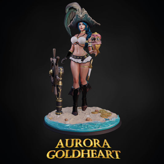 Aurora Goldheart clothed version figurine wearing cropped pirate outfit, holding parrot with ship wheel and treasure base.
