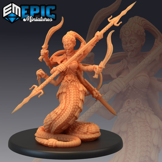 Marilith demon figurine in a combat stance, holding swords and a polearm in multiple arms with a serpent-like lower body, designed for Dungeons & Dragons settings.