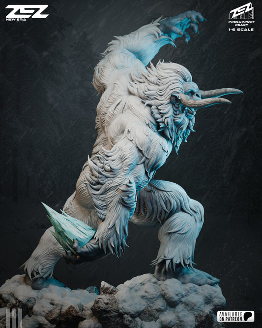 DC Comics Yeti statue side view showing dynamic pose, muscular build, layered fur sculpt, snow-covered terrain base