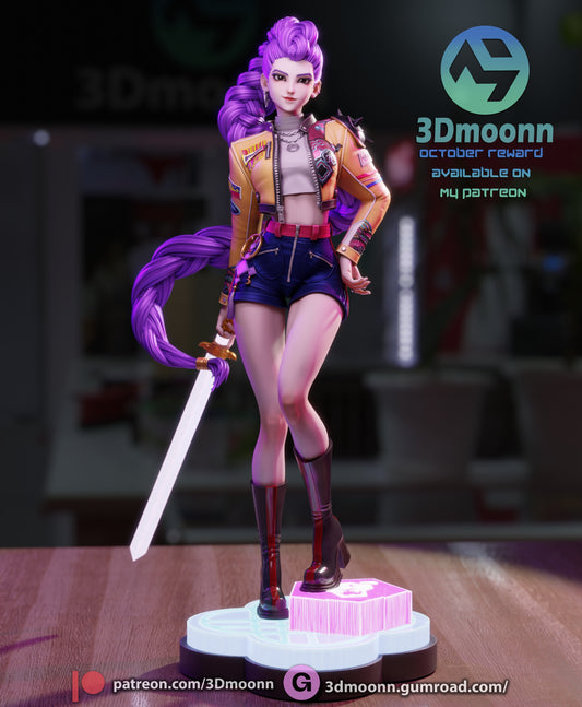 Rumi K-Pop Demon Hunters figure – 1:6 scale collectible in cropped jacket and shorts holding a sword on illuminated base.