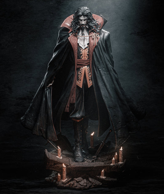 Front view of Dracula figure standing on a rocky base with candles, long flowing cape, and detailed red and black outfit.