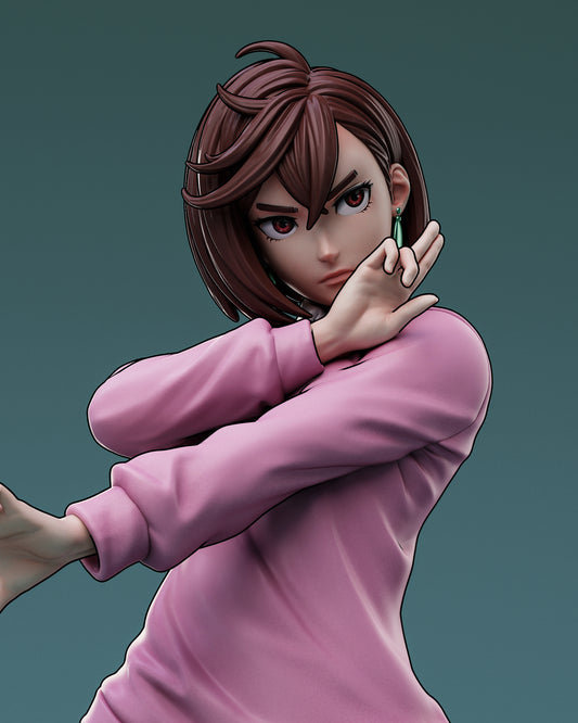 Close-up of Momo Ayase’s determined face, highlighting her raised hand in casting gesture, red eyes, and green earrings.