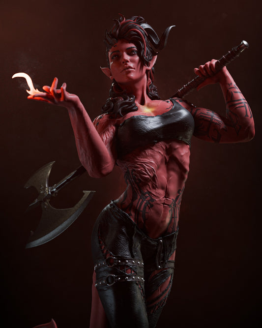 Full-figure painted Karlach, posed confidently with a battle axe over her shoulder, summoning flame with her other hand.
