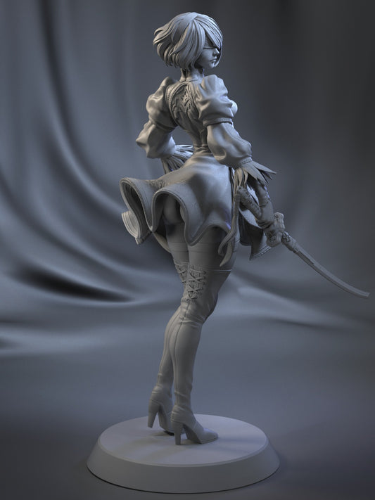 A rear perspective of YoRHa No.2 Type B, showcasing her intricate outfit and the sculpted details on her dress.