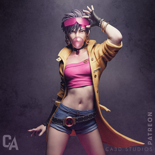 Front view of Jubilee in a playful bubblegum pose, wearing a yellow jacket, pink top, and shorts, standing on an X-Men-themed base.