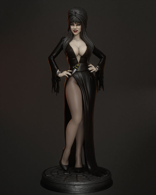 Elvira Mistress of the Dark 1:4 scale figurine full body view in black gown with slit and dagger belt