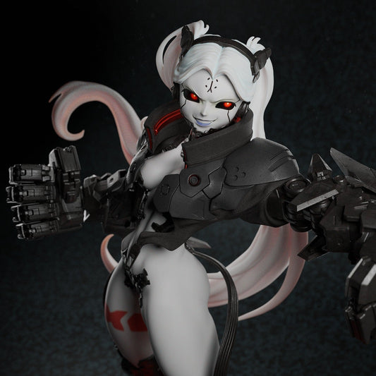 Close-up of Rebecca Smasher’s SFW face and upper torso, highlighting her glowing red eyes and tech armor detail.
