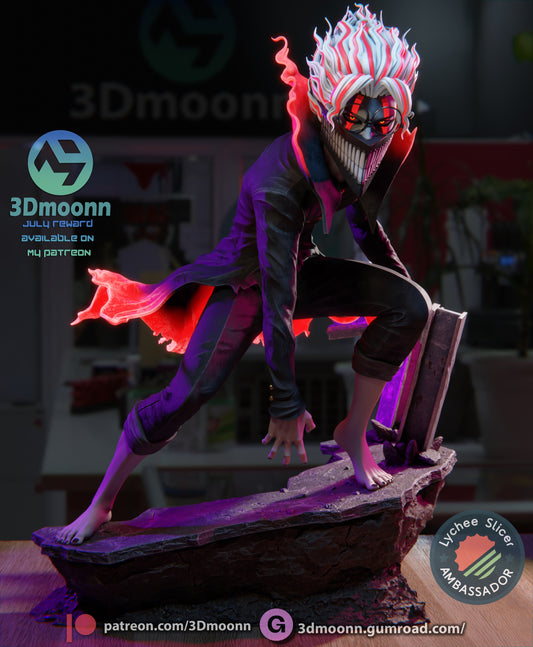 Okarun figure crouched with sinister mask displaying large teeth and glasses, posed on rocky base with coat flaring.