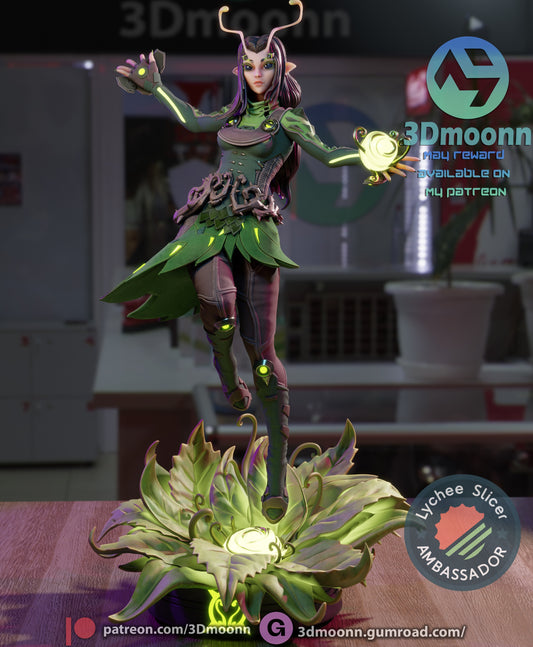 Full-body front view of Mantis levitating above a glowing plant base, posed mid-spell with both hands raised.