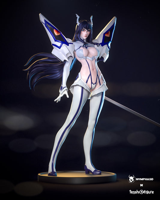 Full Front View: Full-body view of Satsuki standing poised with her sword extended and Junketsu armor wings spread.