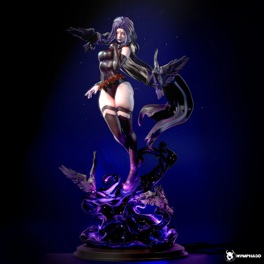 Raven – Full Figure Display: Complete view of Raven hovering over her shadowy base, surrounded by ravens and energy tendrils.