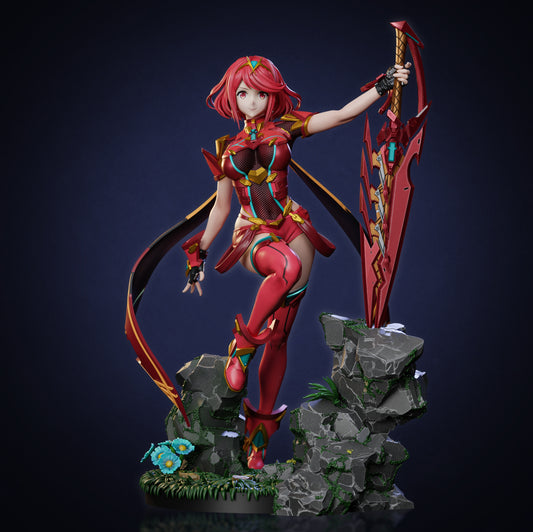 Pyra Xenoblade Chronicles statue front view – anime heroine with large red sword on rocky base 1:7 scale by Tenshi Figures