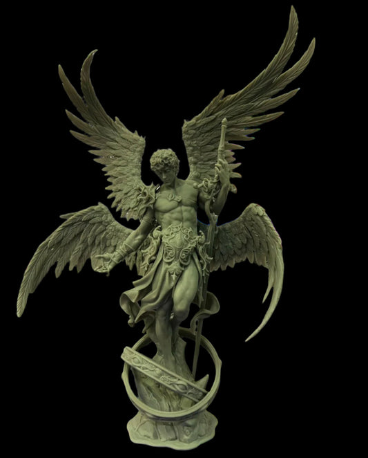Unpainted 1:6 scale Cherubim angel figurine with four large feathered wings, ornate armor, a staff, and flowing cloth standing before a keyboard.