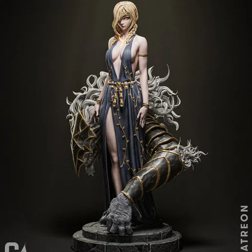 A 3D sculpture of Marika from Elden Ring, posed with golden embellishments and a flowing gown. Behind her, Maliketh’s twisted form emerges with a monstrous claw.