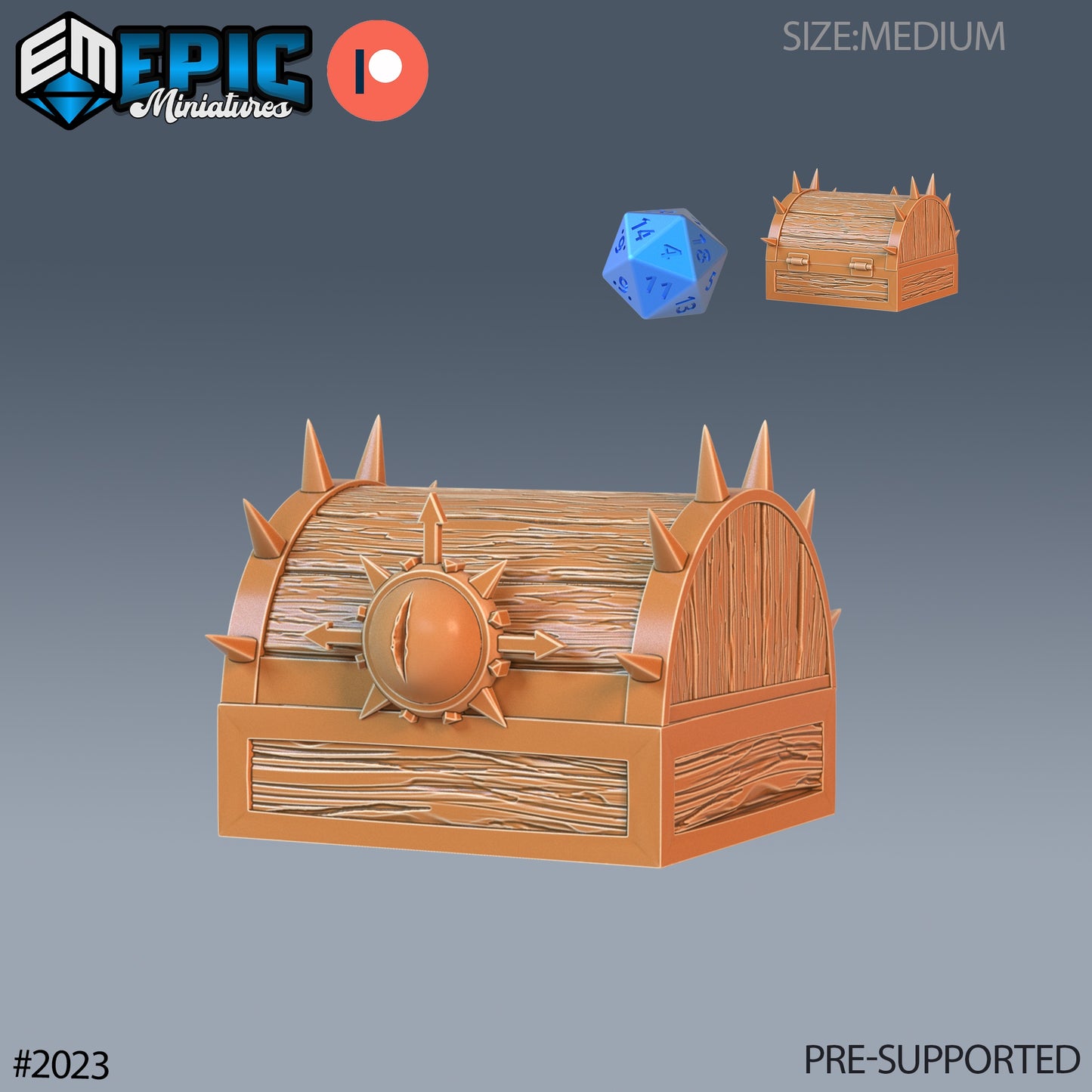 Chest mimic front and back view, showing tongue lolling out and clawed hands, positioned with a scale die for size.