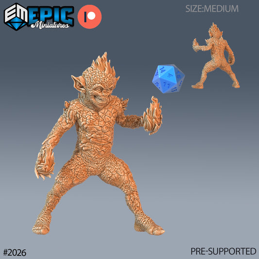 A medium-scale Magmin miniature posed mid-stride with fiery claws and molten skin, grinning maliciously while ready to ignite chaos.