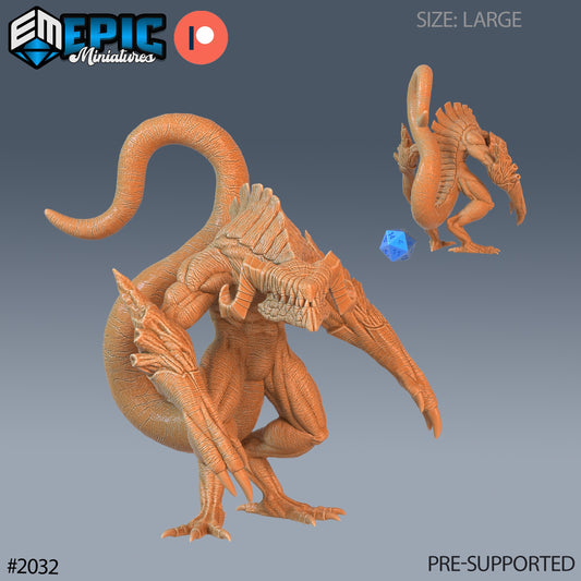 A crouched reptilian cave beast with massive claws, thick tail, and armored head, posed ready to pounce—shown from front and rear angles with a scale die.