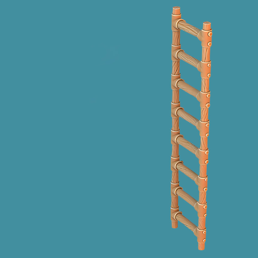 A close-up of a wooden and metal-bound ladder with detailed rungs and bracing.