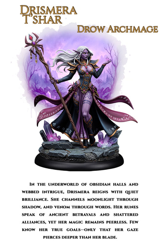 Painted Drow Archmage miniature posed with one arm extended and the other holding an ornate staff topped with a crystal, wearing flowing robes and armor, standing on a decorated base.
